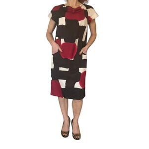 VINTAGE MOSCHINO  CHEAP & CHIC SATIN ABSTRACT MULTI CAP SLEEVE  SHIFT DRESS 10
